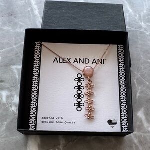 Alex and Ani Rose Quartz Floral Drop Necklace in Rose Gold Tone